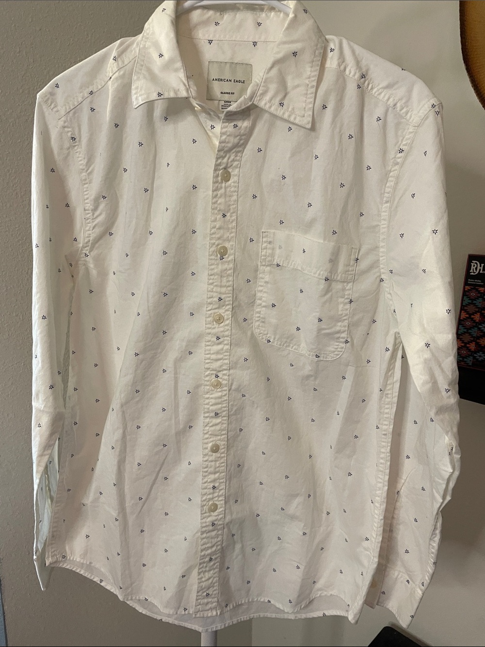 American Eagle Outfitters White Button-Down Shirt with Navy Microprint